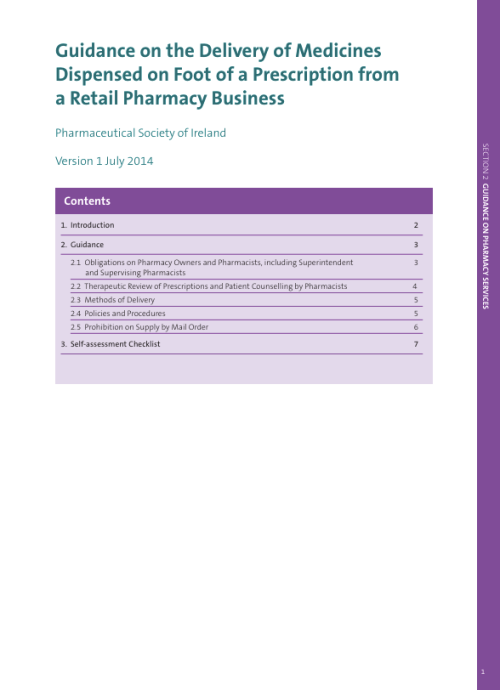 Guidance on the Delivery of Medicines Dispensed on Foot of a Prescription from a Retail Pharmacy Business pdf cover