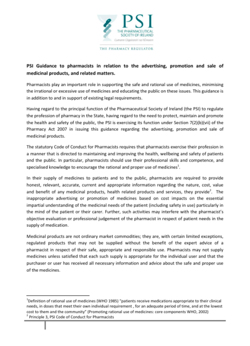 PSI Guidance to pharmacists in relation to the advertising, promotion and sale of medicinal products, and related matters pdf cover