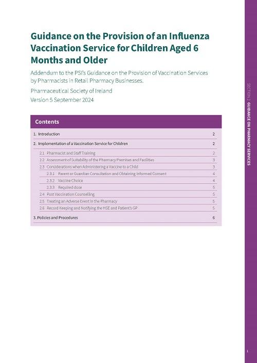 Cover of gudiance document for Guidance on the Provision of an Influenza Vaccination Service for Children Aged 6 Months and Older - Sept 2024